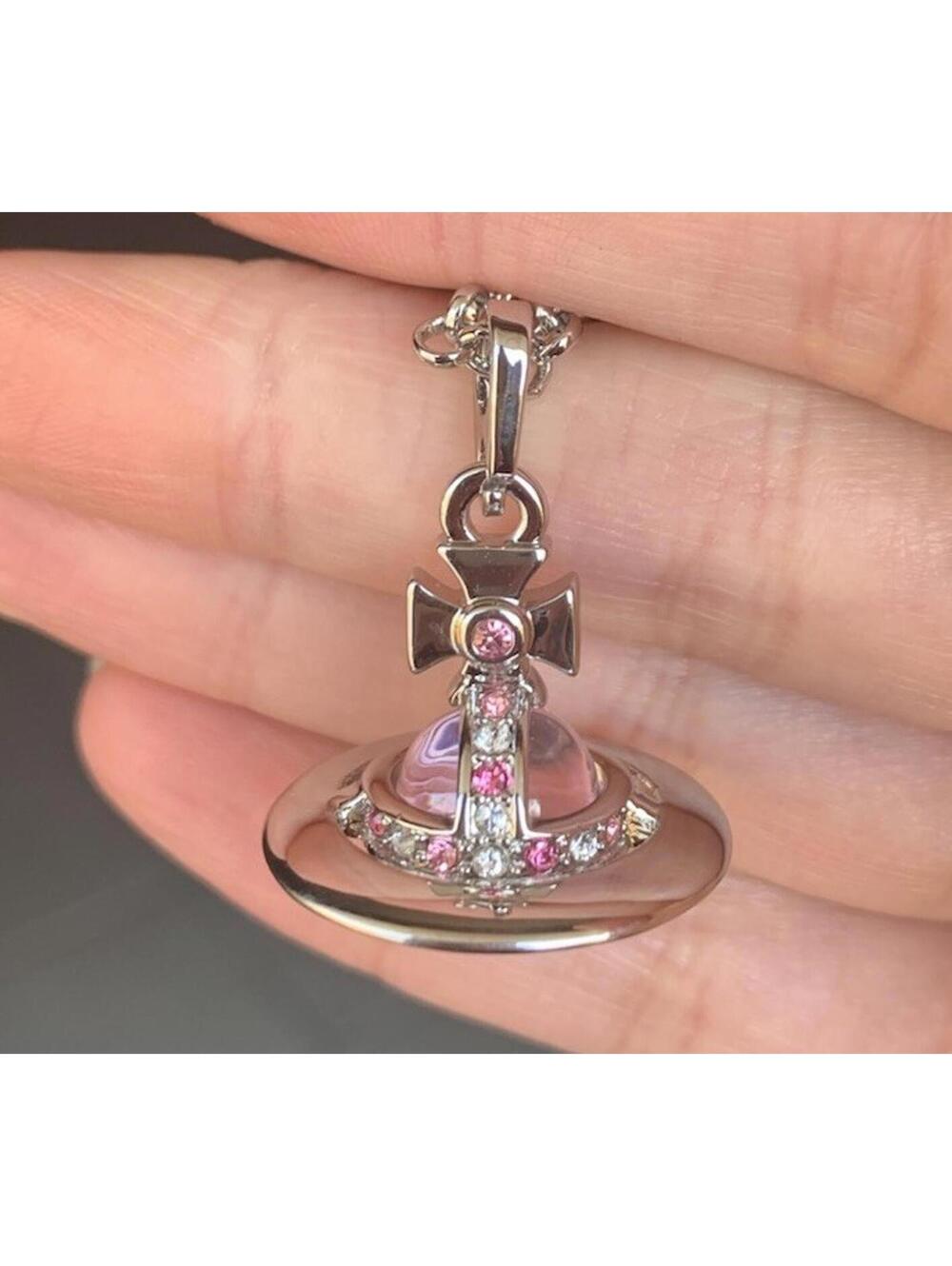 Vivienne Westwood Nana 3D Necklace Small Orb Silver Pink Pendant Straw String nw